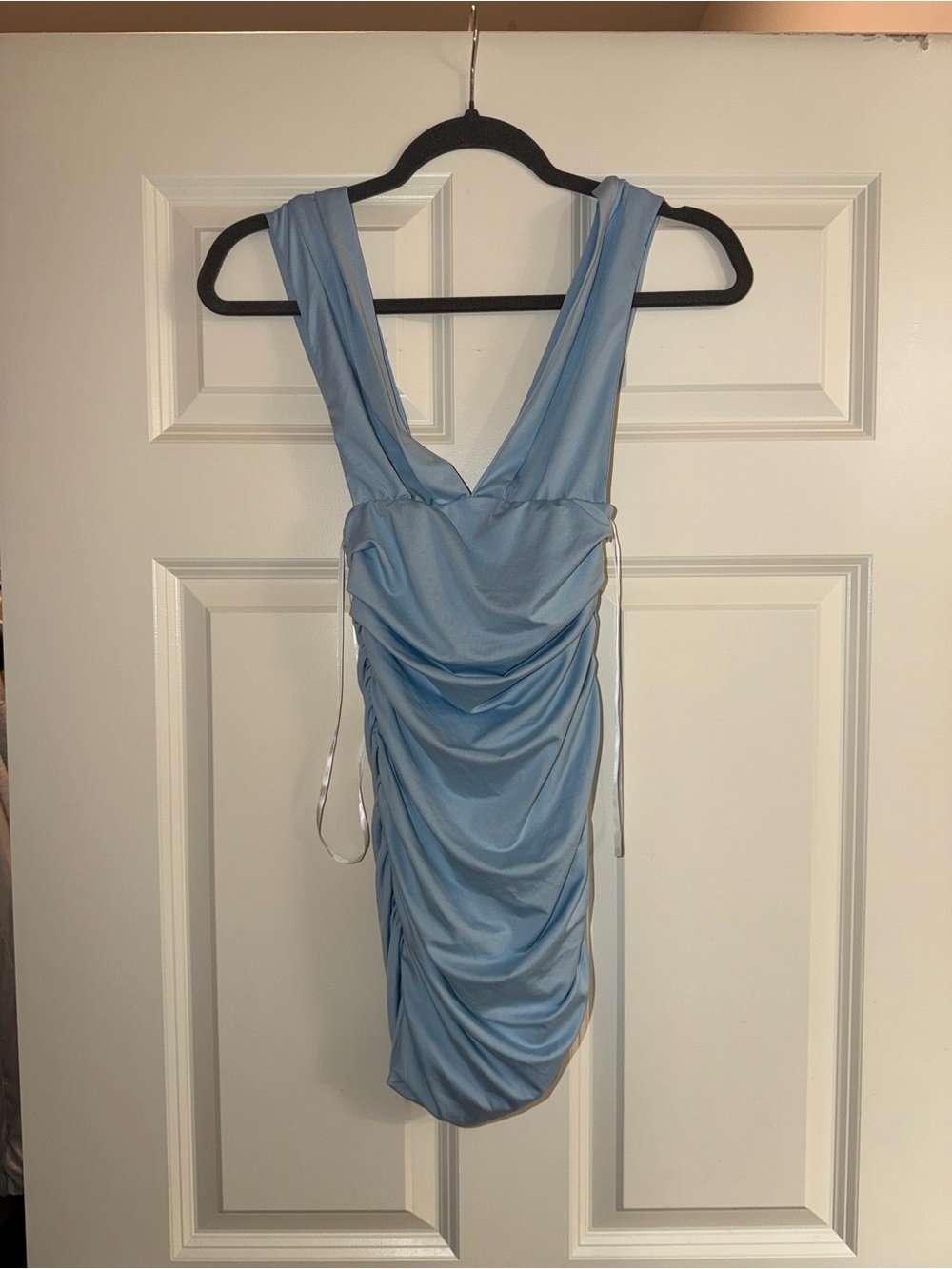 Sky Blue Ruched V-Neck Mini Dress